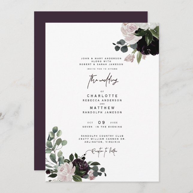Invitación Elegante Floral de vino Ambos Padres Boda (Anverso / Reverso)