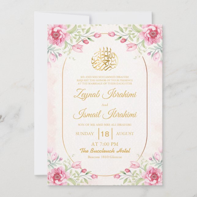 Invitación Elegante floral, deja Boda musulmana rosa islámica (Anverso)