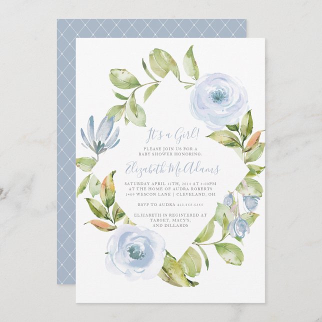 Invitación Elegante Floral Diamante Dusty Blue Baby Shower (Anverso / Reverso)