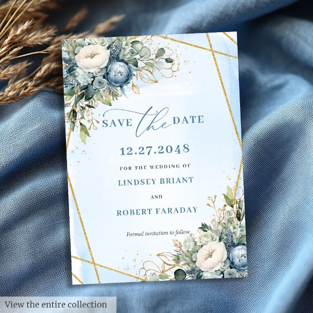 Invitación Elegante Floral dorada azul turquesa (Elegant Dusty Blue White Gold Floral Save The Date)