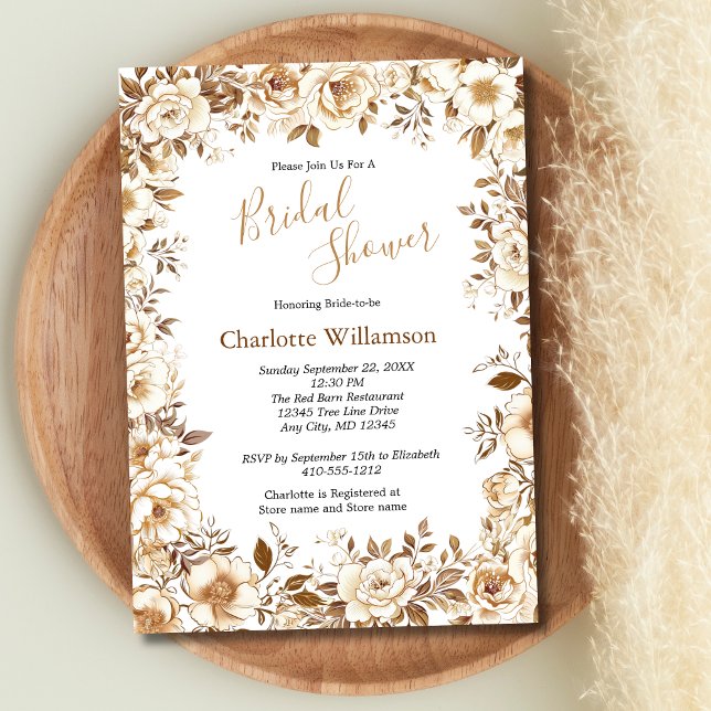 Invitación elegante floral dorada blanca para duch (Gold White Beige Brown Floral Boho Bridal Shower Invitation)