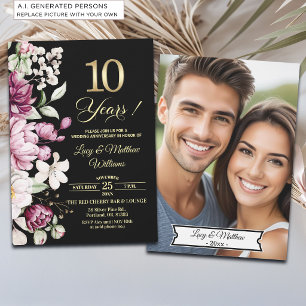 Invitación Elegante Floral Dorado 10º Aniversario de Boda Fot