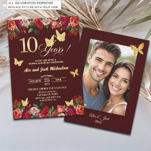 Invitación Elegante Floral Dorado 10º Aniversario de Boda Fot