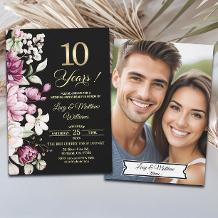 Invitación Elegante Floral Dorado 10º Aniversario de Boda Fot