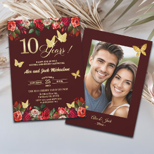 Invitación Elegante Floral Dorado 10º Aniversario de Boda Fot