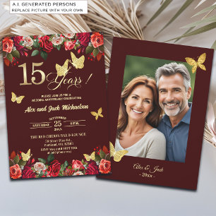 Invitación Elegante Floral Dorado 15º Aniversario de Boda Fot