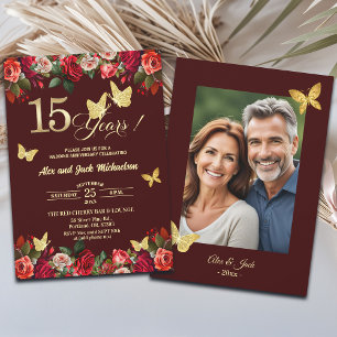 Invitación Elegante Floral Dorado 15º Aniversario de Boda Fot