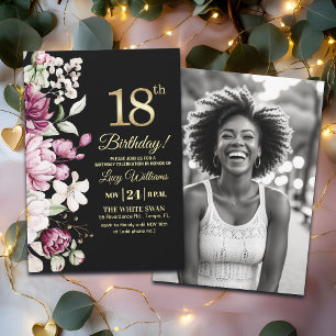 Invitación Elegante Floral Dorado 18 Cumpleaños Foto