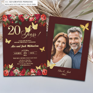 Invitación Elegante Floral Dorado 20º Aniversario de Boda Fot