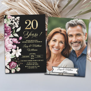 Invitación Elegante Floral Dorado 20º Aniversario de Boda Fot