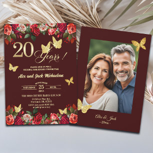 Invitación Elegante Floral Dorado 20º Aniversario de Boda Fot