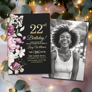 Invitación Elegante Floral Dorado 22 Cumpleaños Foto
