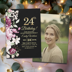 Invitación Elegante Floral Dorado 24 Cumpleaños Foto