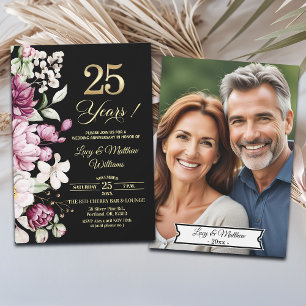 Invitación Elegante Floral Dorado 25º Aniversario de Boda Fot