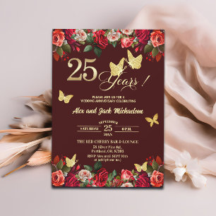 Invitación Elegante Floral Dorado 25 Aniversario de Boda  
