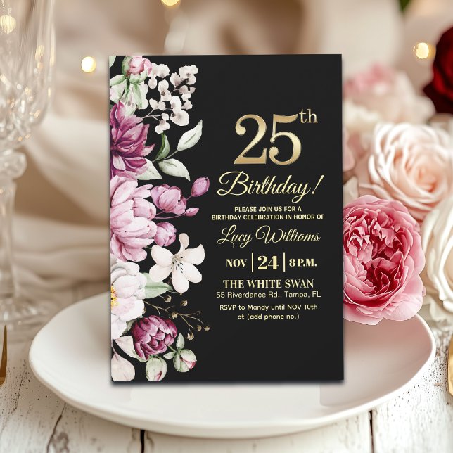 Invitación Elegante Floral Dorado 25 Cumpleaños (Subido por el creador)