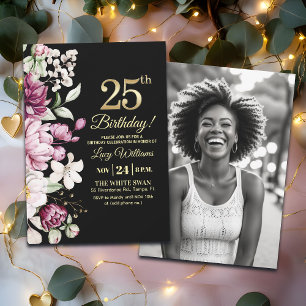 Invitación Elegante Floral Dorado 25 Cumpleaños Foto