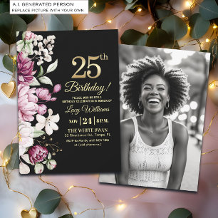 Invitación Elegante Floral Dorado 25 Cumpleaños Foto