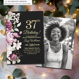 Invitación Elegante Floral Dorado 37 Cumpleaños Foto