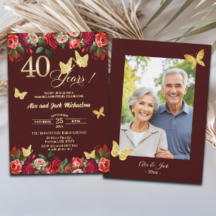 Invitación Elegante Floral Dorado 40 Aniversario de Boda Foto