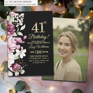 Invitación Elegante Floral Dorado 41 Cumpleaños Foto