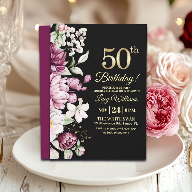 Invitación Elegante Floral Dorado 50 Cumpleaños (Subido por el creador)