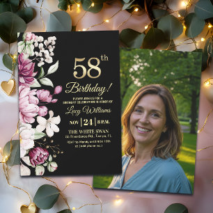 Invitación Elegante Floral Dorado 58 Cumpleaños Foto