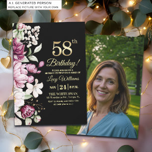 Invitación Elegante Floral Dorado 58 Cumpleaños Foto