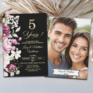 Invitación Elegante Floral Dorado 5to Aniversario de Boda Fot