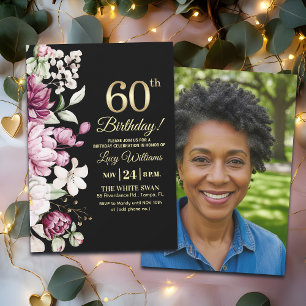 Invitación Elegante Floral Dorado 60 Cumpleaños Foto