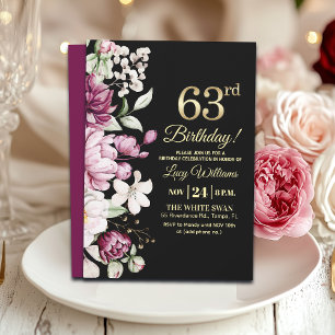 Invitación Elegante Floral Dorado 63 Cumpleaños