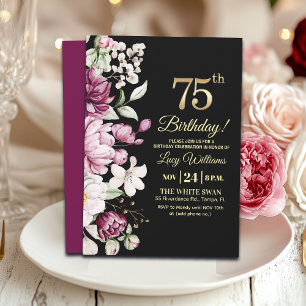 Invitación Elegante Floral Dorado 75 Cumpleaños