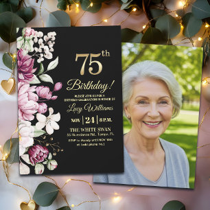 Invitación Elegante Floral Dorado 75 Cumpleaños Foto