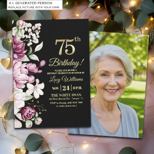 Invitación Elegante Floral Dorado 75 Cumpleaños Foto
