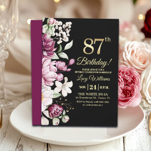 Invitación Elegante Floral Dorado 87 Cumpleaños