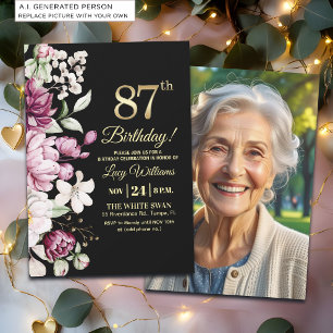Invitación Elegante Floral Dorado 87 Foto de Cumpleaños