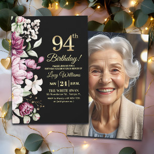 Invitación Elegante Floral Dorado 94 Cumpleaños Foto