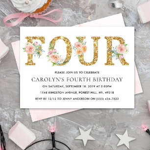 Invitación Elegante Floral Dorado Brillante Cumpleaños 4