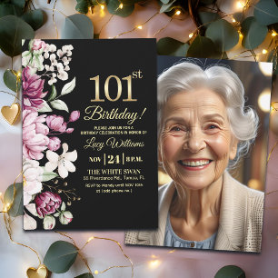 Invitación Elegante Floral Dorado Cumpleaños 101 Foto