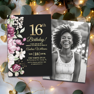 Invitación Elegante Floral Dorado Cumpleaños 16 Foto