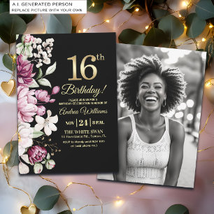 Invitación Elegante Floral Dorado Cumpleaños 16 Foto