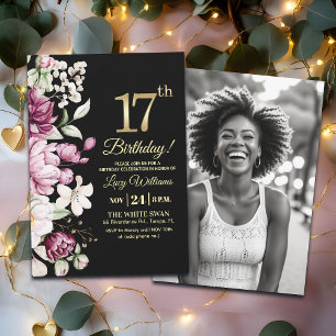 Invitación Elegante Floral Dorado Cumpleaños 17 Foto