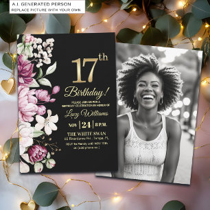 Invitación Elegante Floral Dorado Cumpleaños 17 Foto