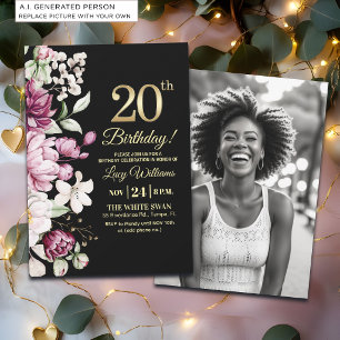 Invitación Elegante Floral Dorado Cumpleaños 20 Foto