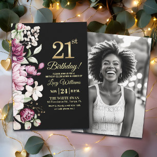 Invitación Elegante Floral Dorado Cumpleaños 21 Foto
