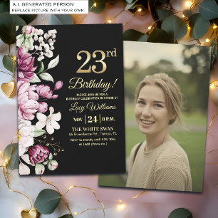 Invitación Elegante Floral Dorado Cumpleaños 23 Foto