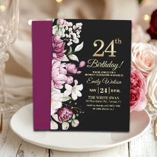 Invitación Elegante Floral Dorado Cumpleaños 24