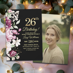 Invitación Elegante Floral Dorado Cumpleaños 26 Foto