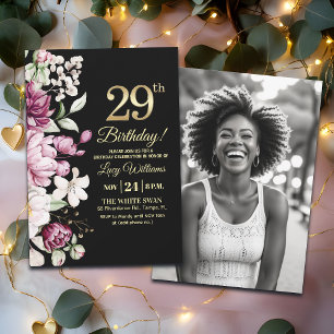 Invitación Elegante Floral Dorado Cumpleaños 29 Foto