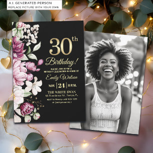 Invitación Elegante Floral Dorado Cumpleaños 30 Foto